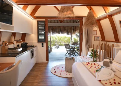 Te Mahana bungalow decorated for a honeymoon at the Tiki Beach Moorea